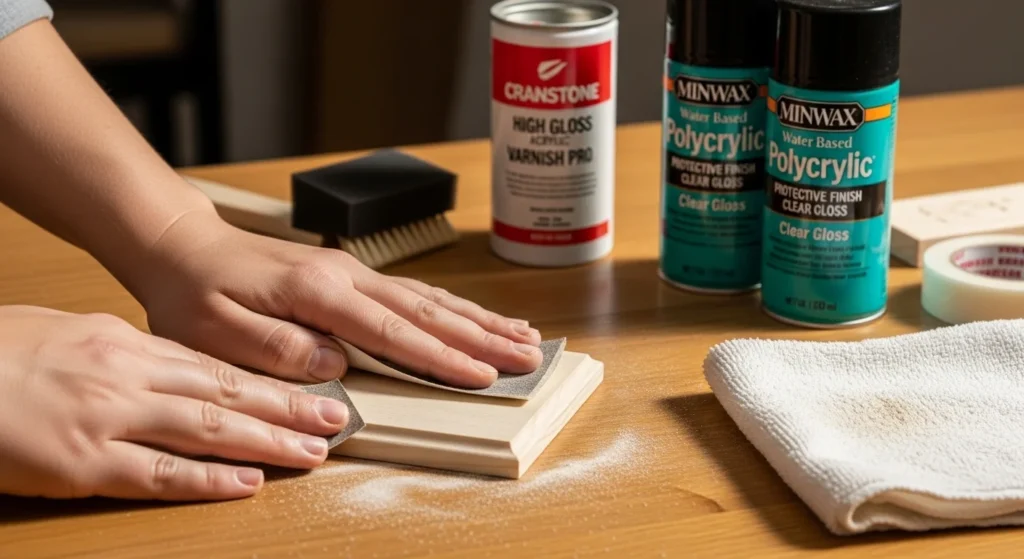 Hands sanding a wooden plaque with 120-grit sandpaper before applying polycrylic for sublimation.