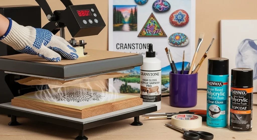 Using a heat press with butcher paper and heat-resistant gloves to transfer a sublimation design.