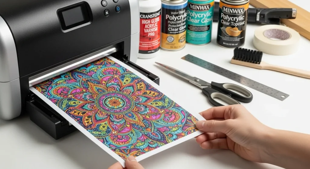 Printing a mirrored design on sublimation paper and preparing to cut it for transfer.