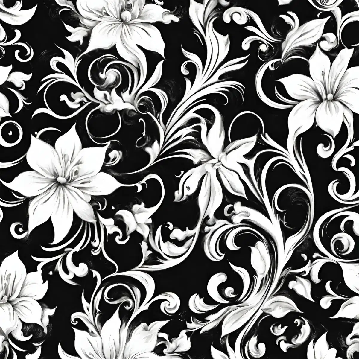 A detailed and intricate design of white flowers and swirls created through sublimation printing on a black background, showcasing the contrast and complexity of the pattern.