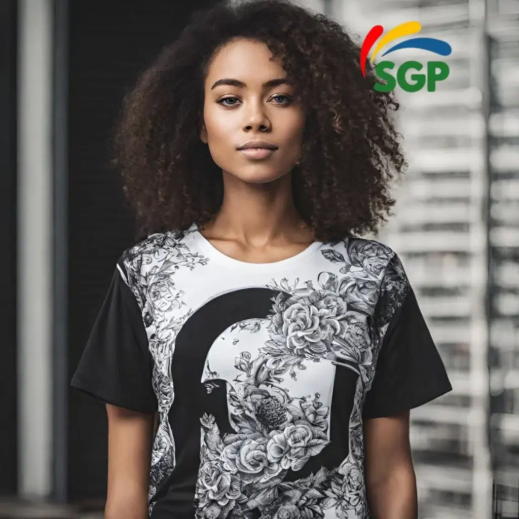 A person wearing a black and white t-shirt featuring intricate floral designs created through sublimation printing, with the logo of Subli Genius Print visible in the image.