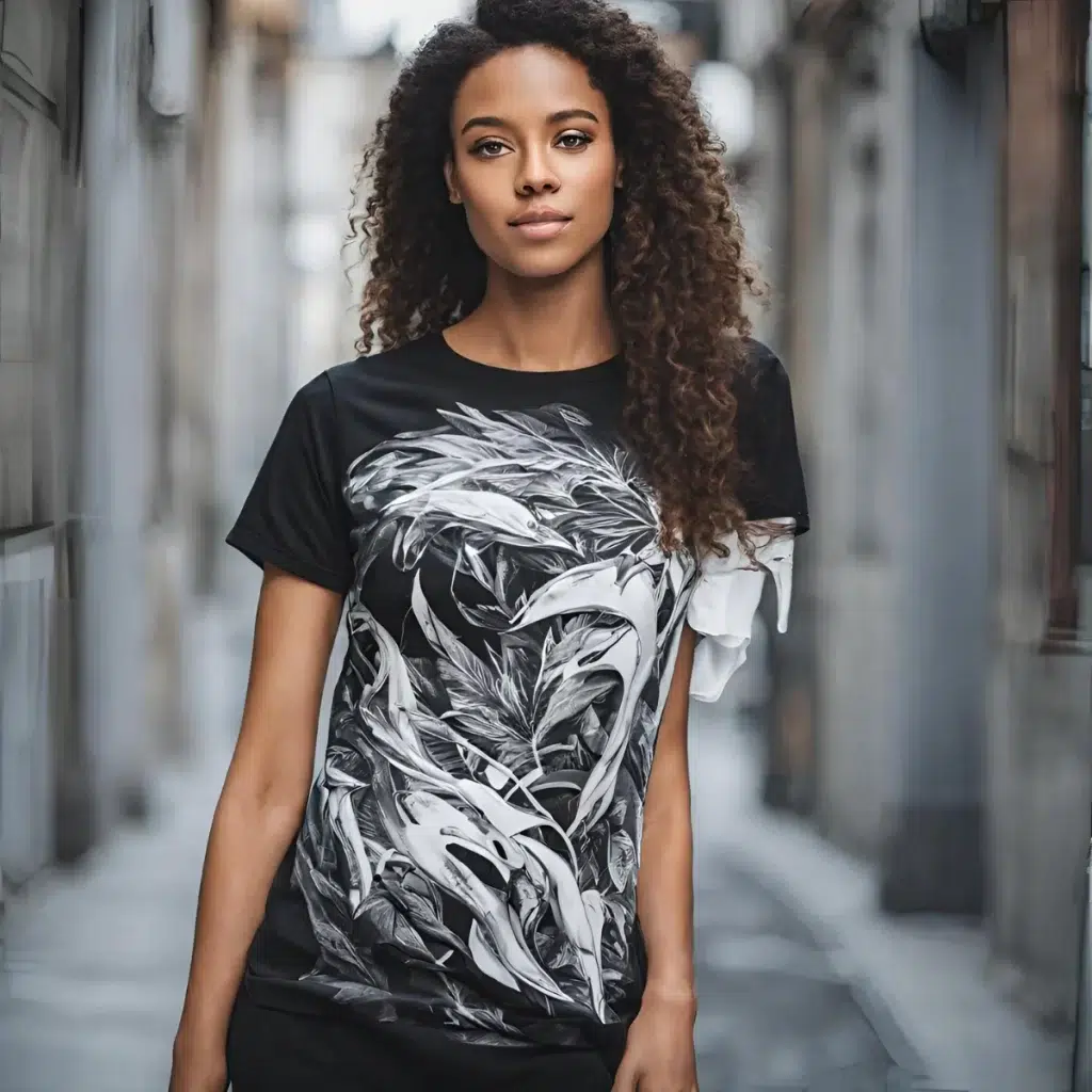 A woman wearing a black t-shirt with Sublimation Printing White on Black of intricate leaf designs.