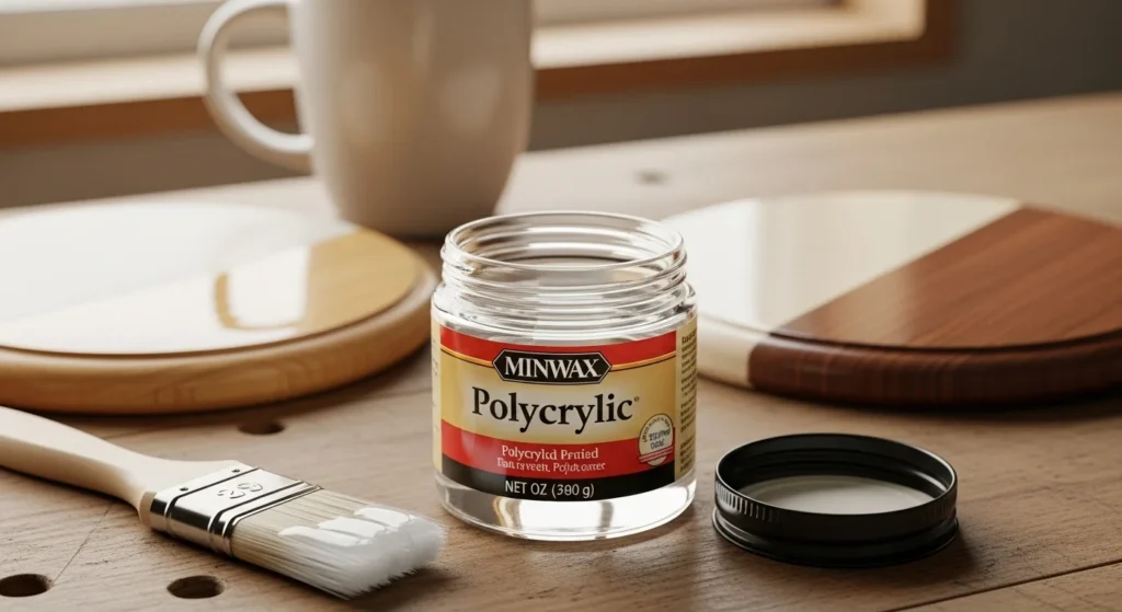 Open jar of Polycrylic with brush and coated craft items on a workshop table.