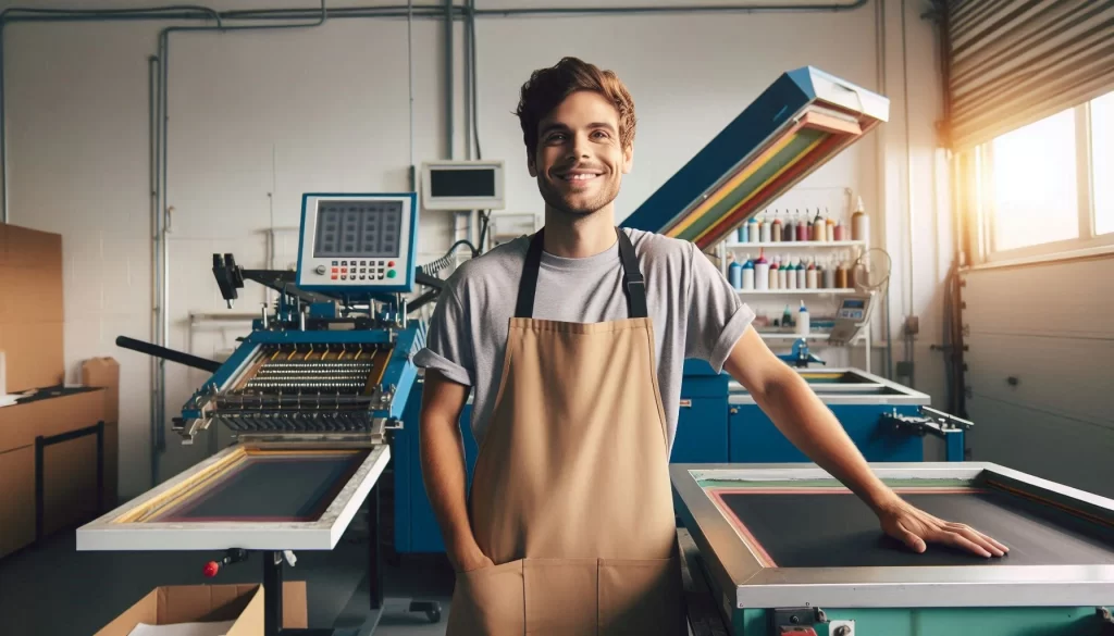 A person operating a multi-arm screen printing press in a well-stocked workshop.