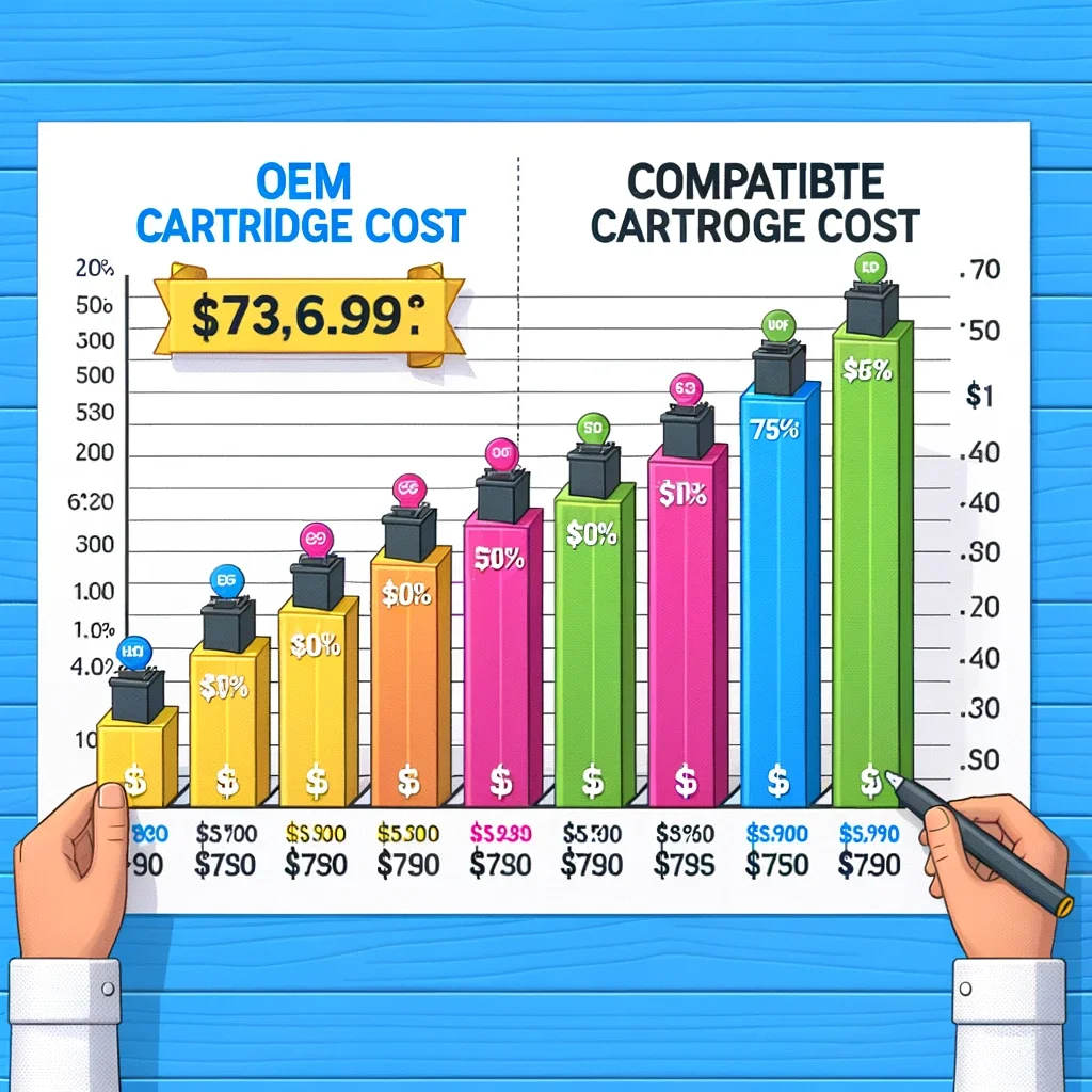 COST-EFFECTIVENESS THAT ADDS UP  a bar chart that compares the cost of OEM ink cartridges to compatible ink cartridges, showing a 70% cost saving with compatible cartridges