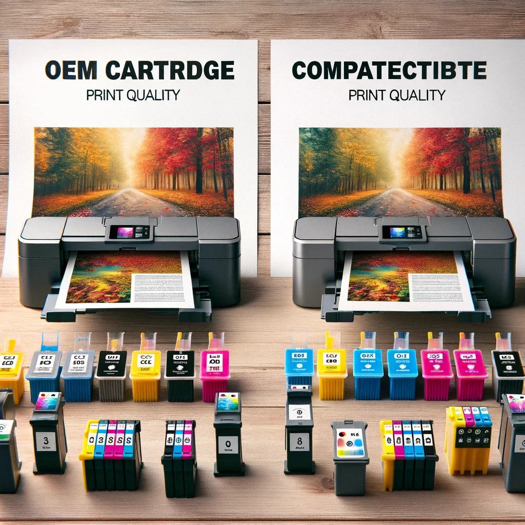 a side-by-side comparison image to show the print quality of documents and photos using OEM versus compatible ink cartridges. 