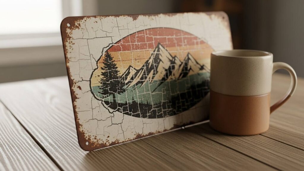 Ceramic mug and rustic sign displaying a distressed sublimation print with faded texture and vintage-style ink transfer.