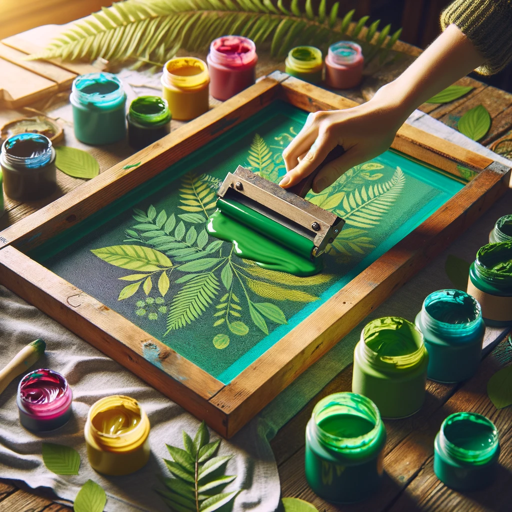 Eco-friendly screen printing process with a hand using a squeegee to spread green ink on fabric, surrounded by jars of colorful natural inks.