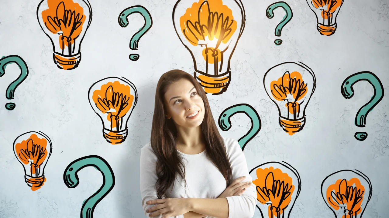 A woman with question mark elements for subli genius print.