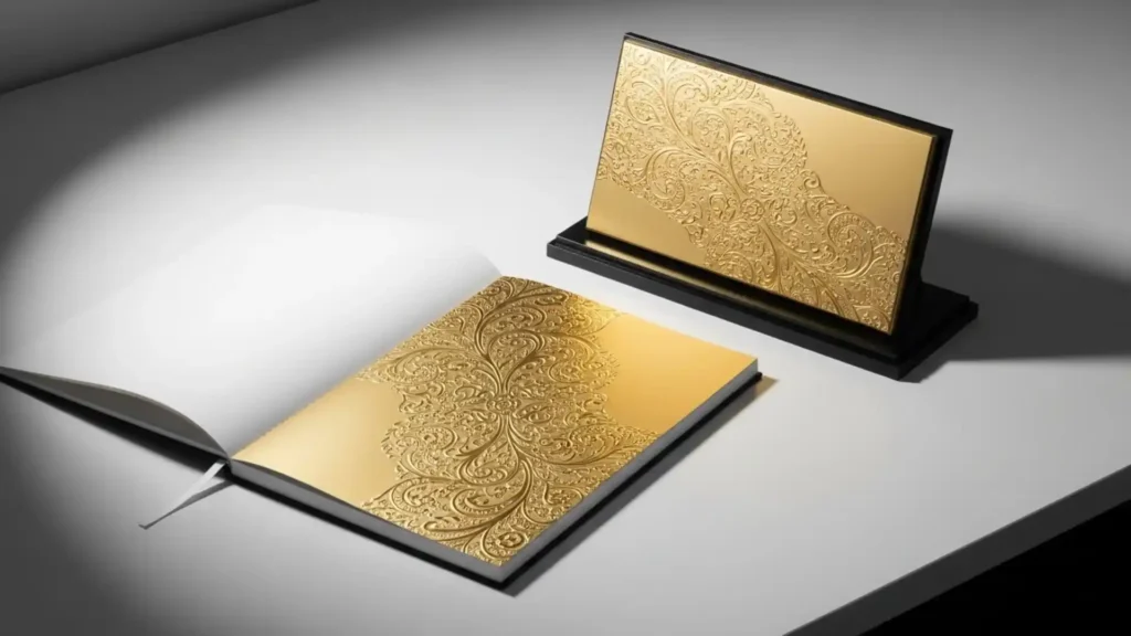 Notebook and plaque featuring foil sublimation with metallic accents and reflective shine.