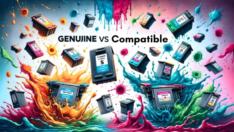 a wide-angle view that dynamically compares genuine and compatible ink cartridges, complete with colorful ink splashes.