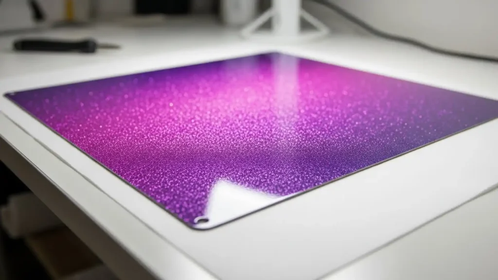 Metal sign and fabric displaying a glitter sublimation design with smooth sparkle and vibrant color transfer.