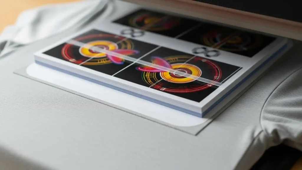 Polyester t-shirt on a heat press showing layered sublimation designs being aligned to create depth and color variation.