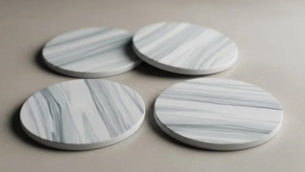 Marble-style sublimation coasters displaying elegant veining and smooth, high-end ink transfer.
