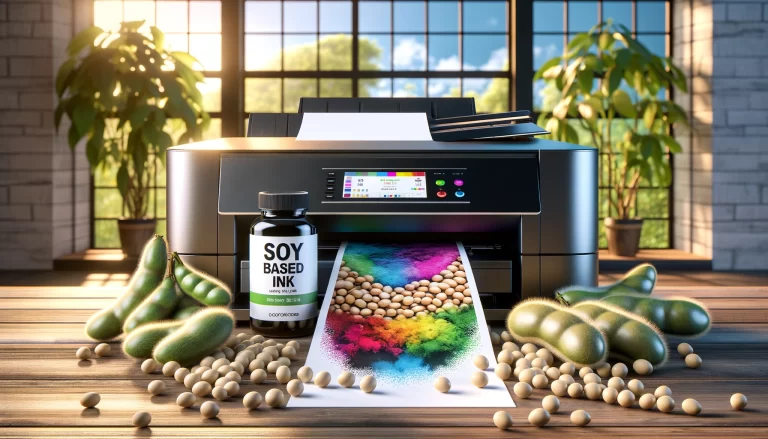 A colorful array of printed materials featuring vibrant designs created with soy-based ink, showcasing eco-friendly printing options.