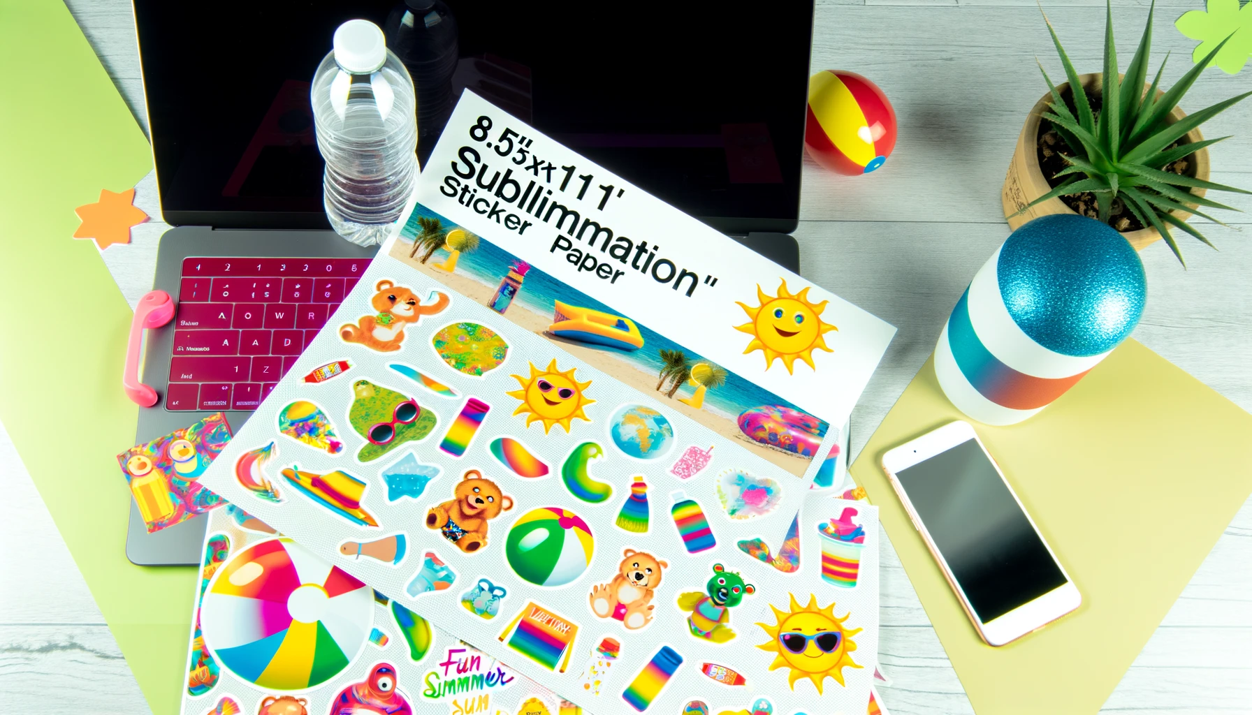 Bright workspace featuring sublimation sticker paper with colorful summer-themed stickers, a laptop, and craft supplies.