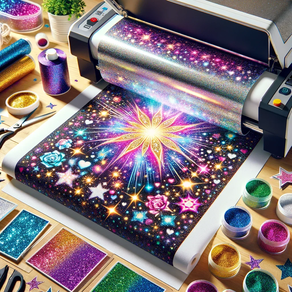 Illustrate the process of glitter sublimation, showcasing a vibrant, sparkling design being transferred onto a piece of fabric. 