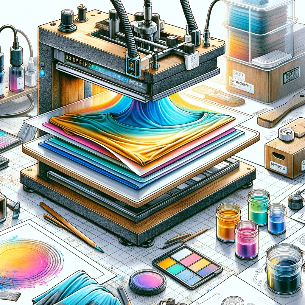 A detailed illustration showing the process of layering colors in sublimation printing. 