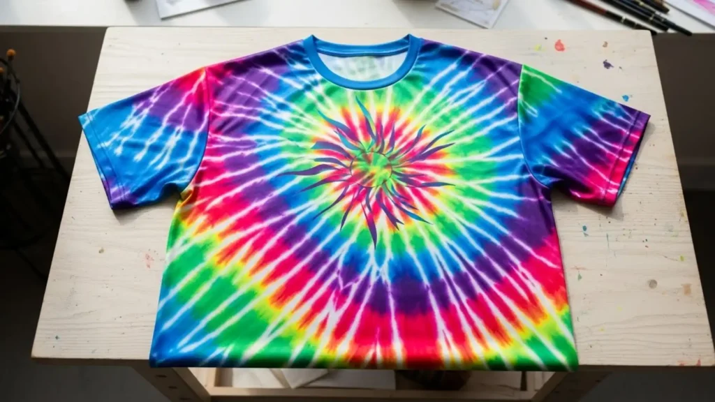 Polyester t-shirt showing a vibrant tie-dye sublimation design with flowing colors and a bold central graphic.