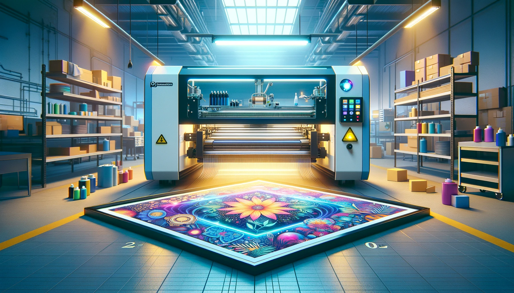 Compact view of a UV printing machine producing brightly colored, detailed prints.