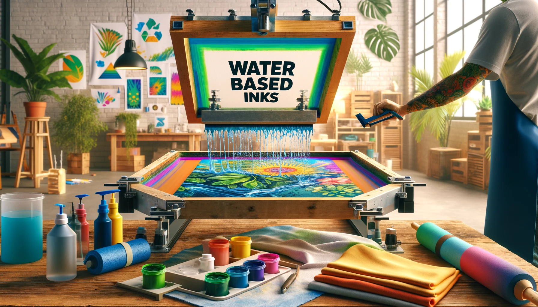 A wide-angle view of a screen printing setup featuring colorful designs printed with vibrant water-based inks, highlighting their eco-friendly characteristics.