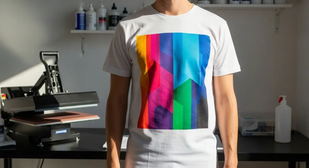 Person wearing a 100% polyester t-shirt with a vibrant sublimated design, showing bright colors and sharp details in a daylight sublimation studio.