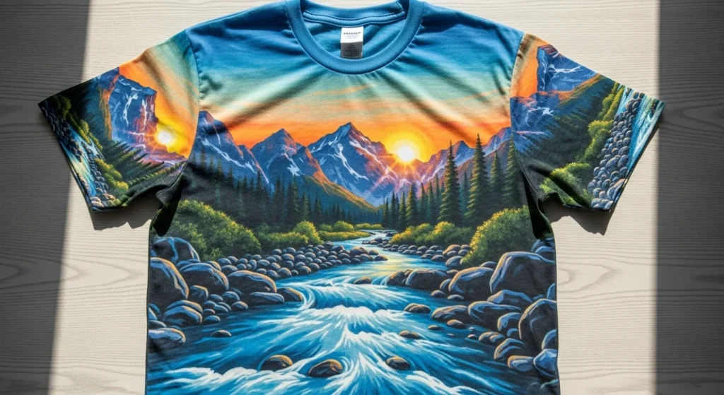 Realistic 50/50 cotton-polyester T-shirt with a bright sublimation print, soft fabric texture, and slightly faded vintage-style colors.