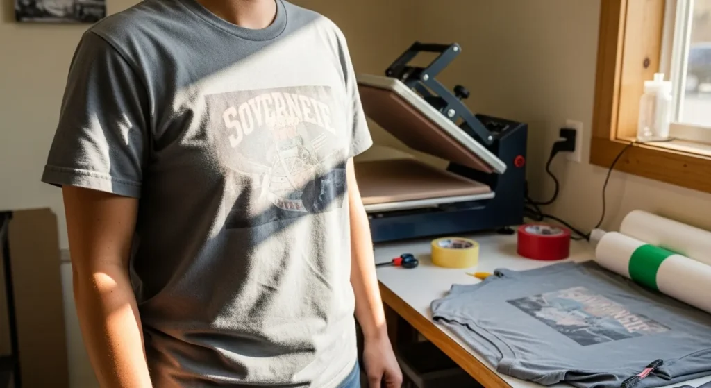 Person wearing a 50/50 cotton-polyester t-shirt with a sublimated design that appears soft and slightly faded under natural daylight in a sublimation workspace.