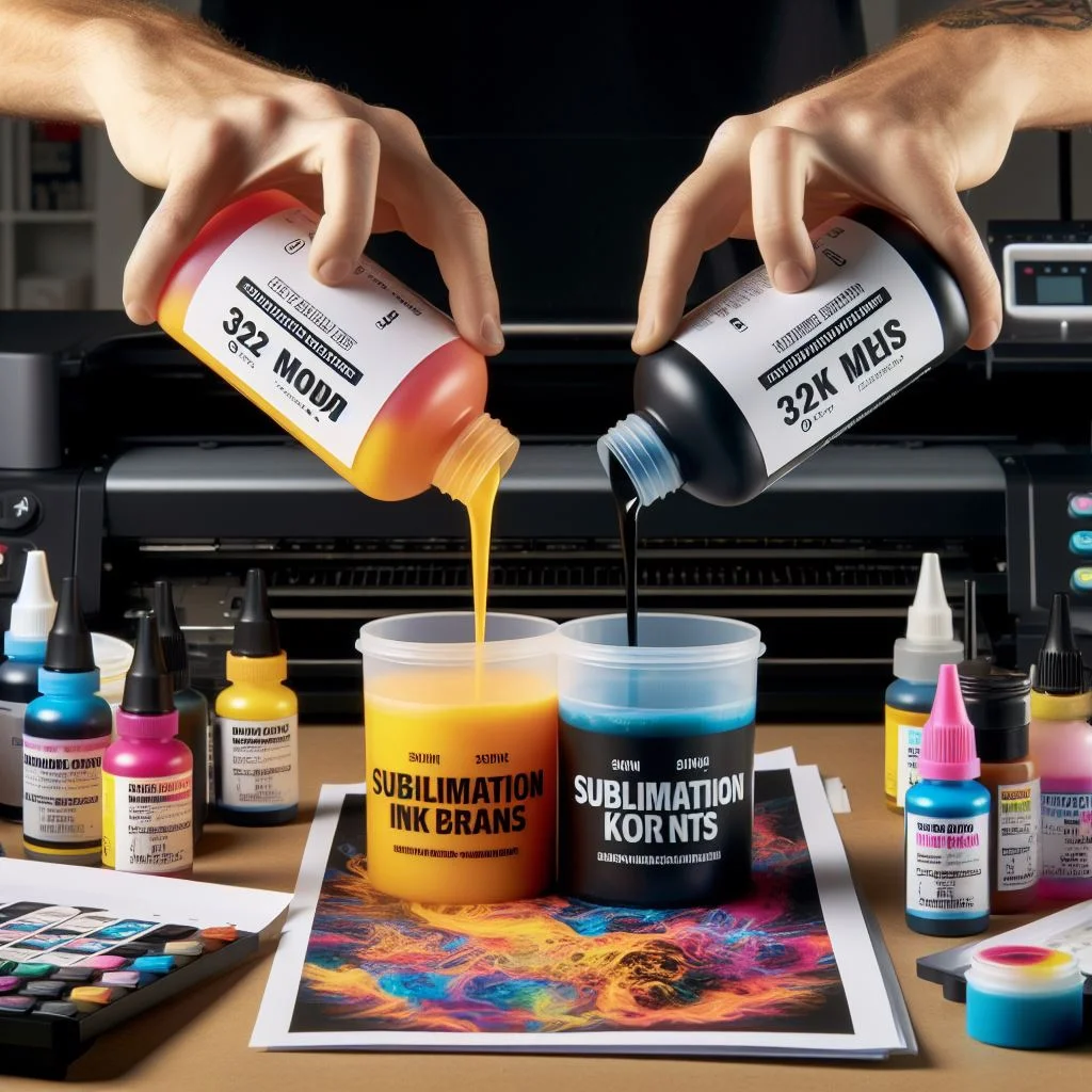 A man Mixing Sublimation yellow and blue Ink Brands