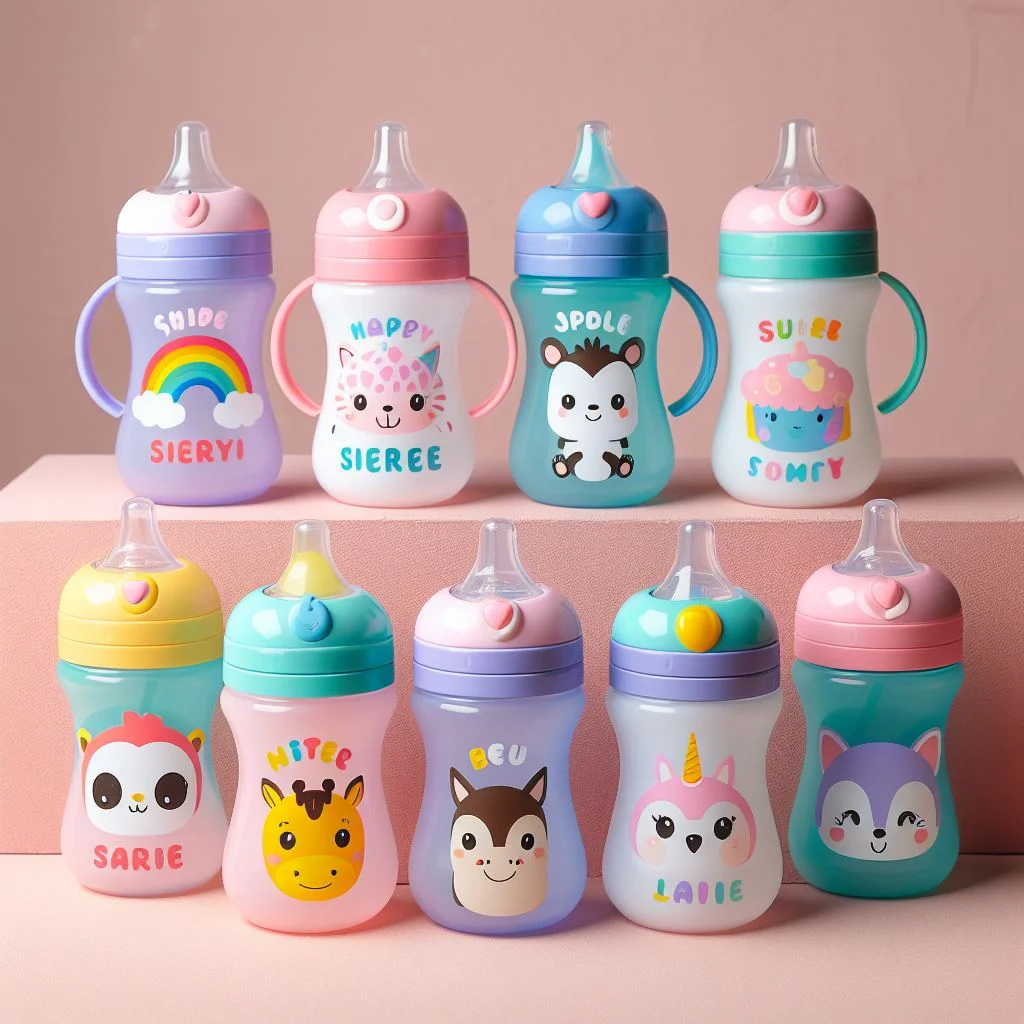 A collection of eight colorful baby sippy cups, each adorned with cute designs and names.