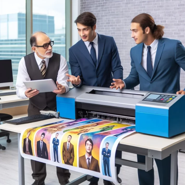 A sublimation experts guide two man that how it works and a printer working the side of a hall