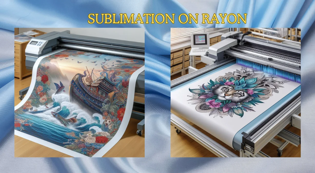 Two images showcasing the process of sublimation on rayon fabric, with a printer printing colorful designs of a ship and a floral pattern respectively.