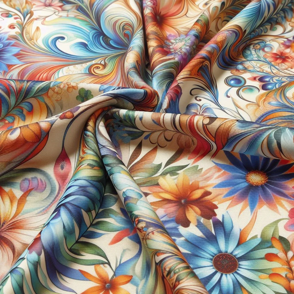 A vibrant and colorful piece of rayon fabric, adorned with intricate sublimation prints of swirling patterns and blooming flowers.