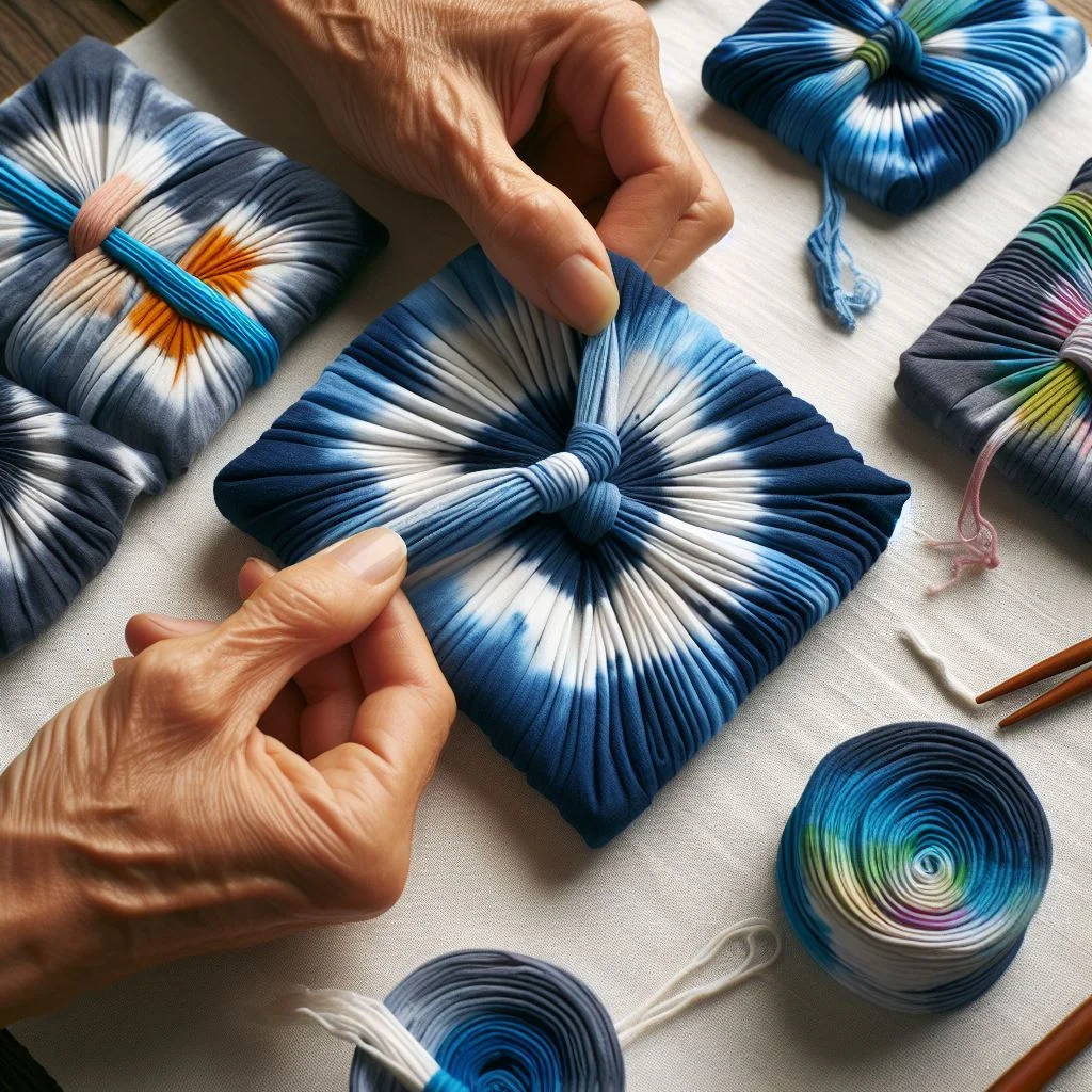 Close-up shots of different tie-dye folding and securing techniques.