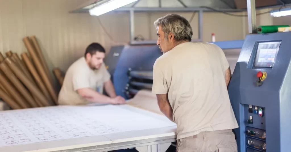 Two man working on sublimation machine on rayon fabrics. 