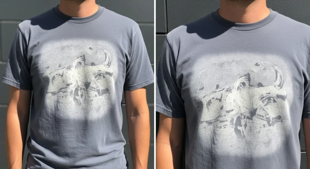 Person wearing a washed 50/50 cotton-polyester t-shirt with a sublimated design that appears lighter and more faded after washing.