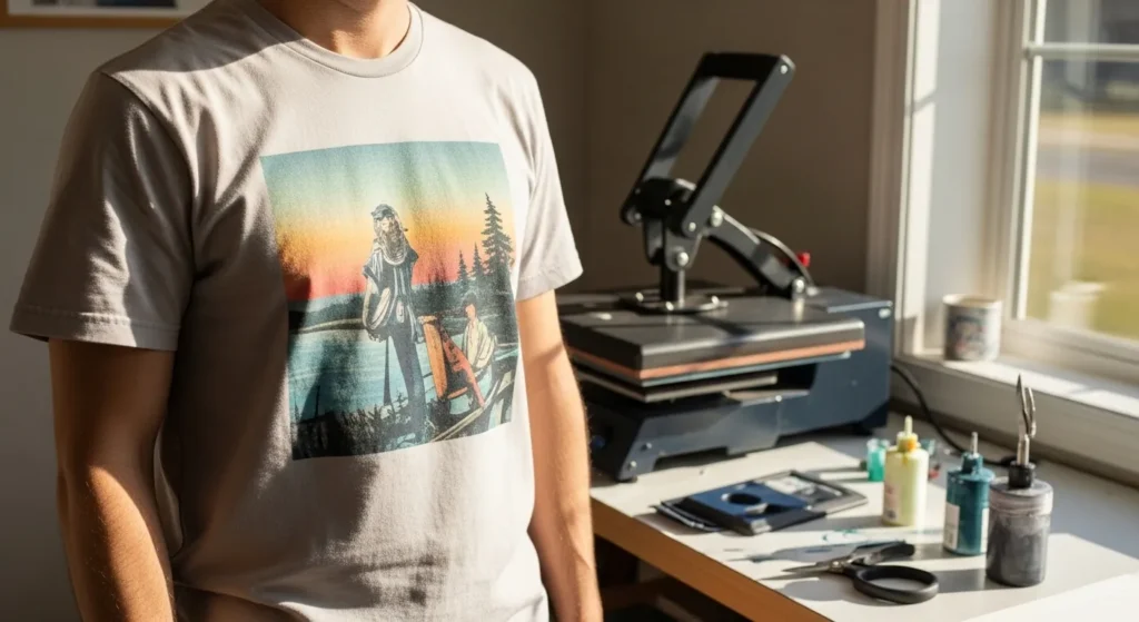 Person wearing a freshly pressed 50/50 cotton-polyester t-shirt with a sublimated design that looks soft and lightly faded under natural daylight.