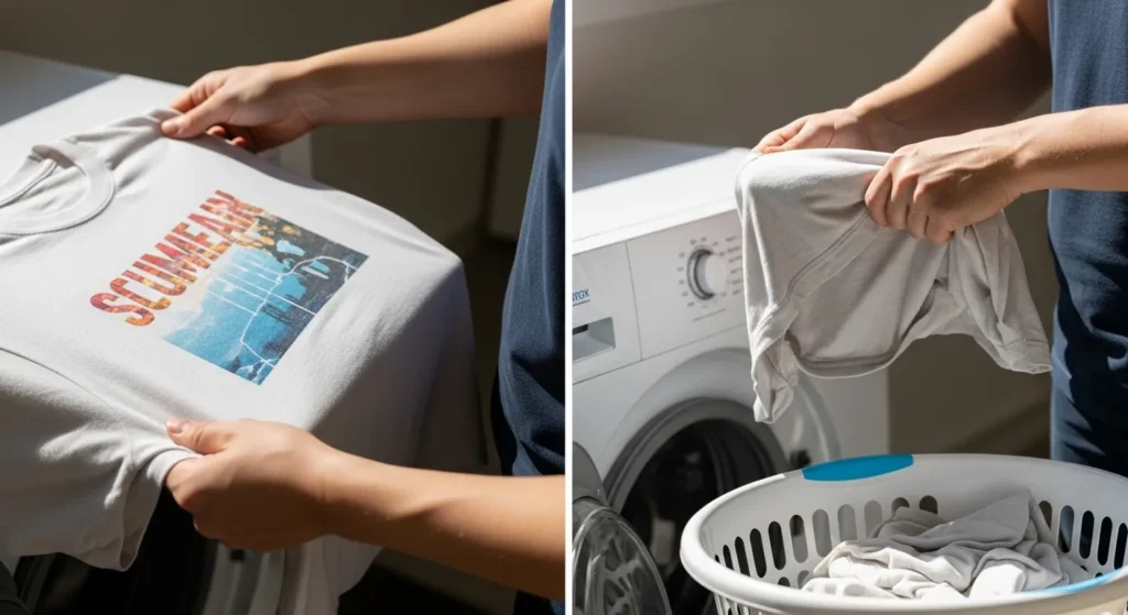 Person handling a 50/50 cotton-polyester sublimated t-shirt, showing proper care steps to reduce fading after washing.