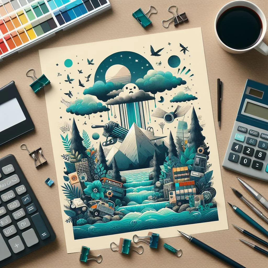 A surreal and imaginative illustration featuring a dreamlike landscape with teal-colored clouds raining over stylized buildings, mountains, and vehicles submerged in stylized rolling waves. 