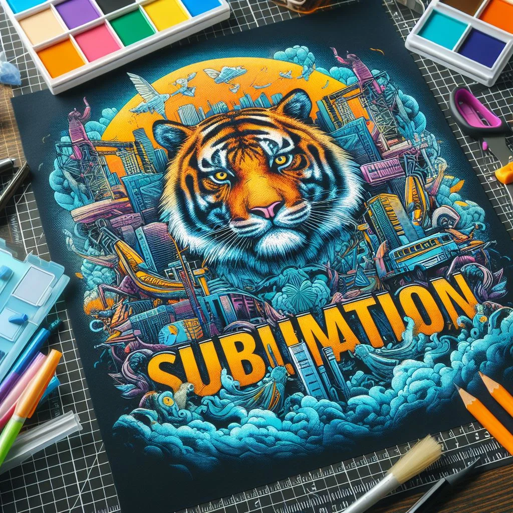 A vibrant and detailed illustration showcasing a fierce tiger against a backdrop of towering city skylines and abstract elements. The tiger's intense yellow eyes and striped fur are rendered realistically, while the surrounding environment features stylized clouds, splashes of color, and the word "SUBLIMATION" prominently displayed.