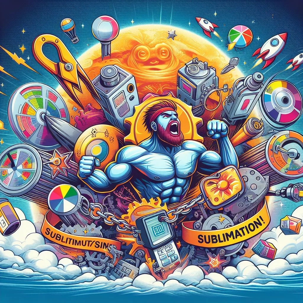 An illustration depicting a powerful figure breaking free from chains, surrounded by various colorful items including cameras, vinyl records, and electronic gadgets, all against a cosmic backdrop, highlighting the theme of ‘Sublimation Print Durability.’