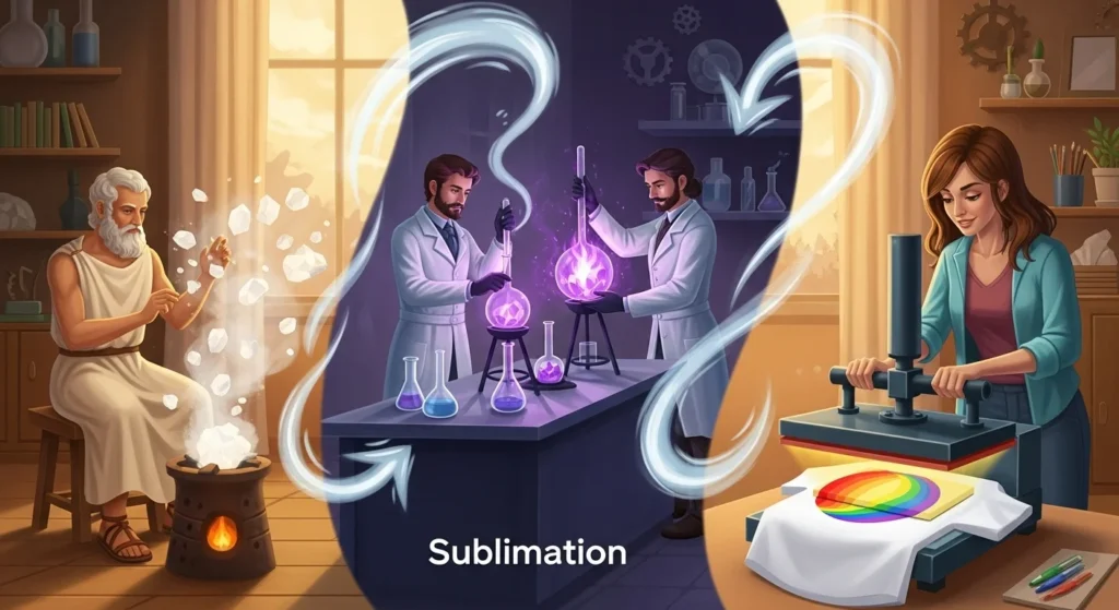 Split-scene illustration of sublimation: ancient Greek philosopher vaporizing crystals, 19th-century chemists purifying iodine, and a modern crafter heat-pressing a colorful t-shirt, connected by swirling gas trails.