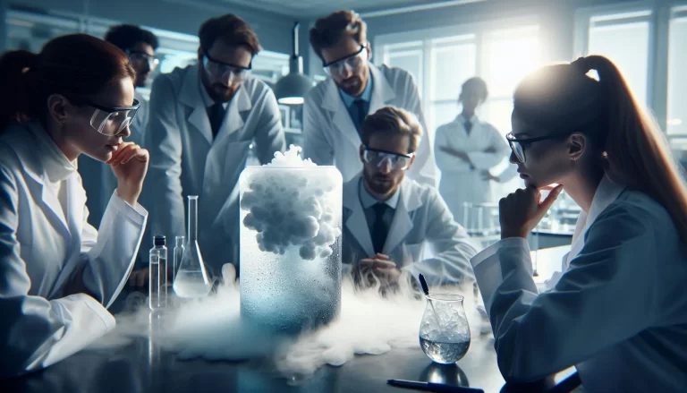 Illustration of the sublimation process with molecules transitioning from solid to gas phase.