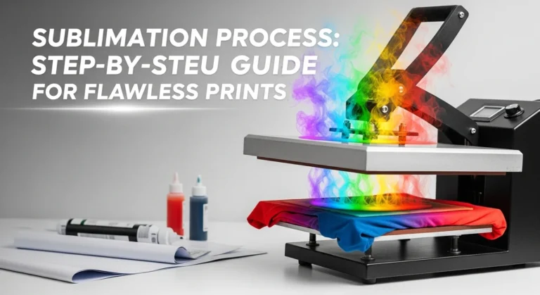 a sleek heat press machine clamping down on a colorful polyester t-shirt with swirling rainbow dye vapors rising like magic smoke, background fades to a clean white workspace with sublimation paper and ink bottles scattered casually.