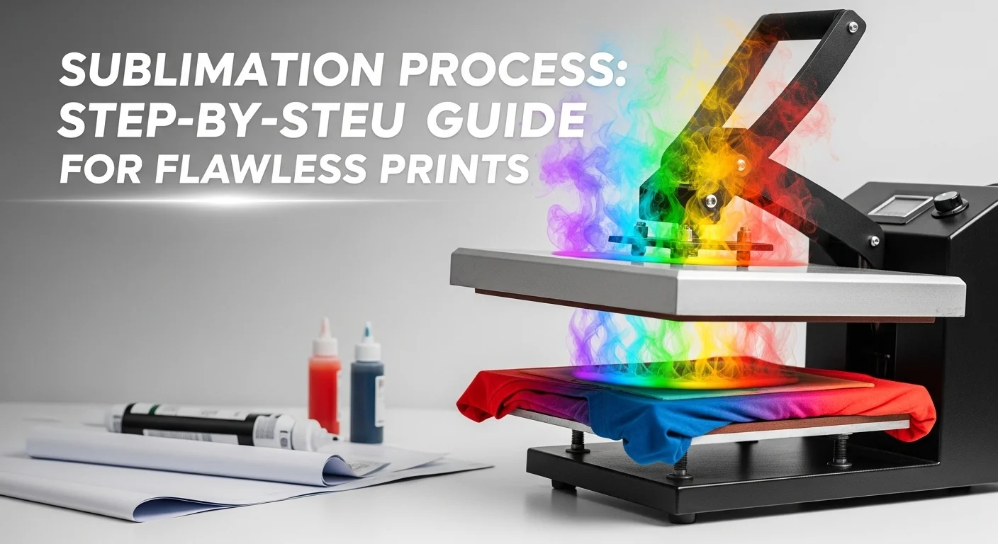 a sleek heat press machine clamping down on a colorful polyester t-shirt with swirling rainbow dye vapors rising like magic smoke, background fades to a clean white workspace with sublimation paper and ink bottles scattered casually.