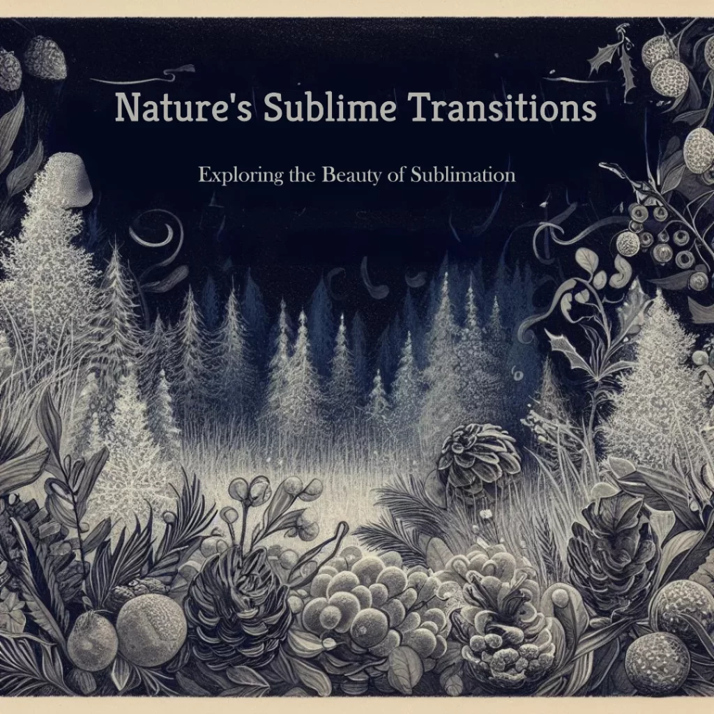  A monochrome illustration featuring an intricate arrangement of various nature elements like pine trees, pinecones, feathers, and other foliage against a night sky backdrop.