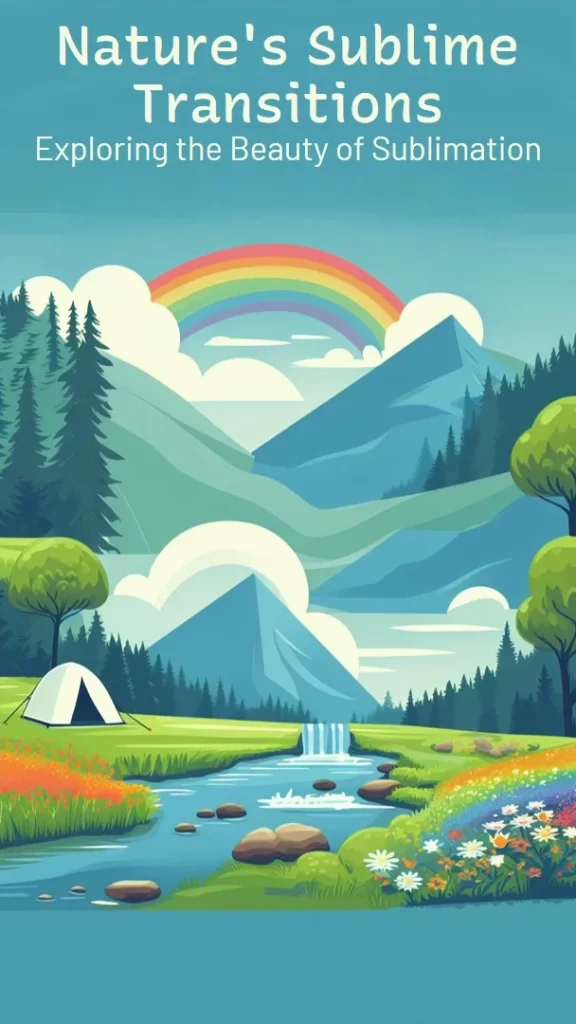 An idyllic mountain landscape illustration featuring a rainbow arching over snow-capped peaks, a camping tent beside a stream with flowers and stones, evergreen trees, and rolling hills.