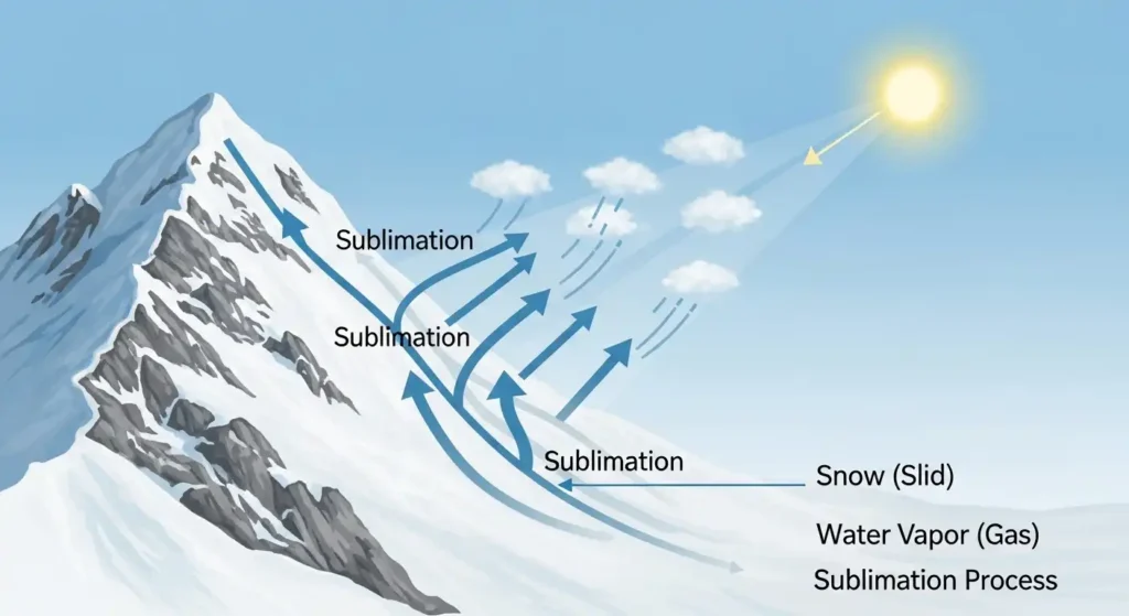 Diagram showing sublimation of snow on mountains turning directly into water vapor in the atmosphere.