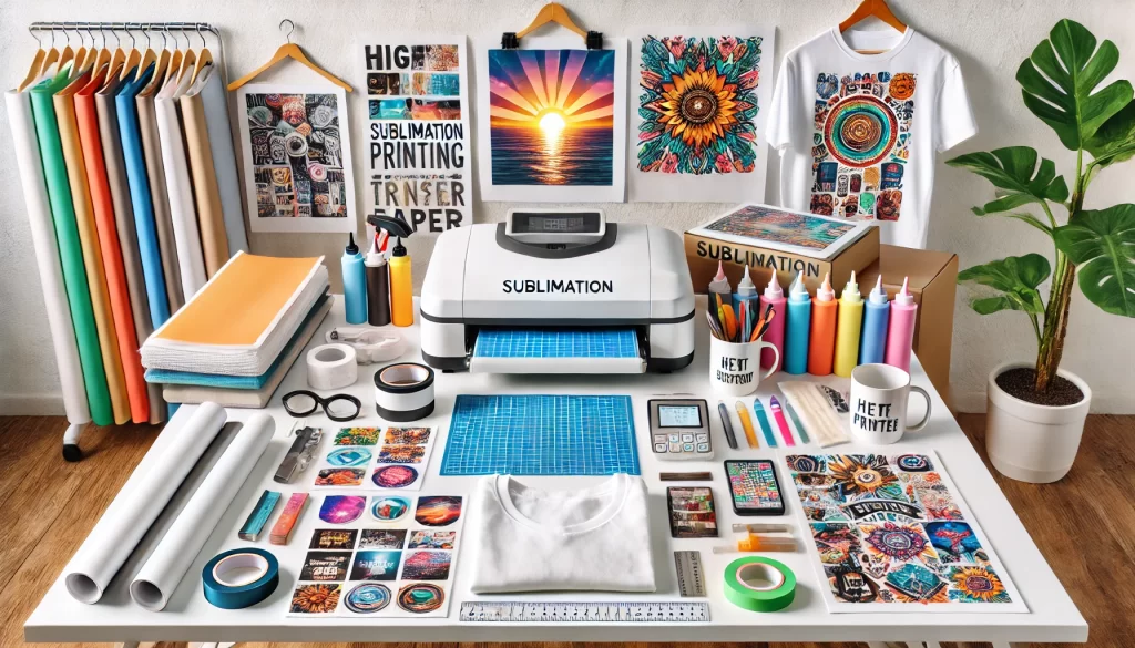 A well-organized sublimation printing workspace showing essential tools and materials. The workspace includes a heat press machine, sublimation printer, high-quality transfer paper, alignment rulers, heat-resistant tape, and cleaning kits.