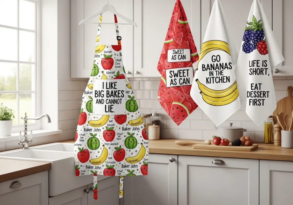 Personalized aprons and towels with food-themed designs on cotton.